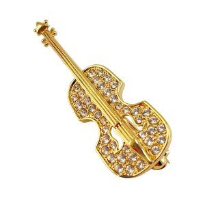 Violin Brooch Pin Gold Plated Clear Rhinestone, Gift for Musician